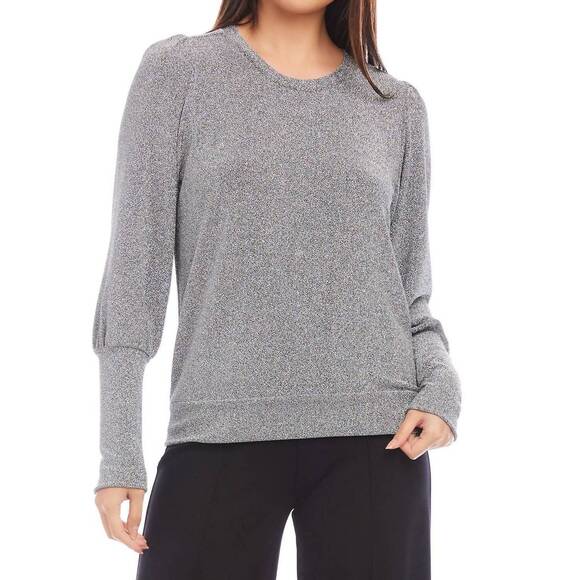 NEW KAREN KANE shimmer bishop sleeve top in metallic silver